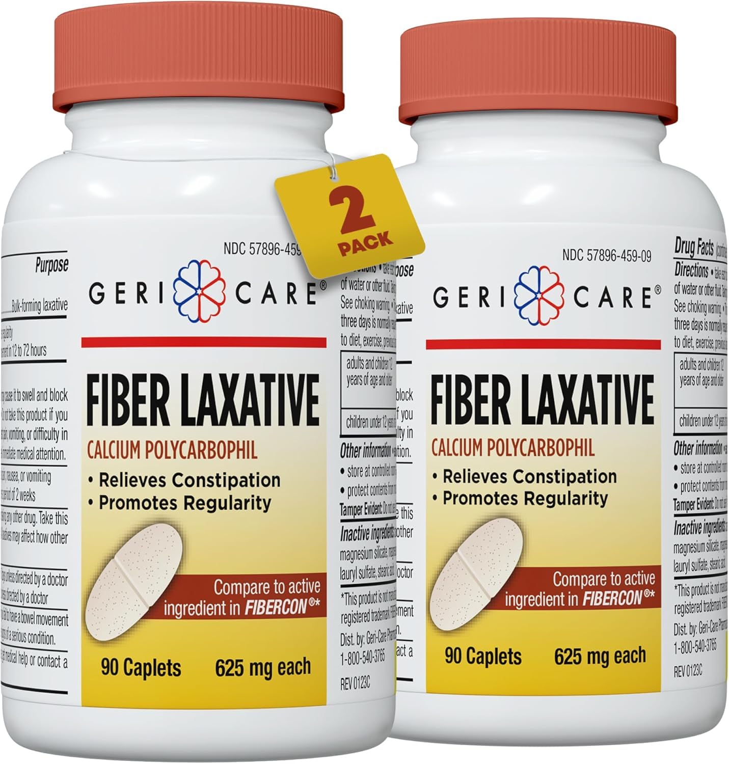 GeriCare fiber laxative caplets 625mg bottle front showing label and digestion support.