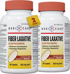 GeriCare fiber laxative caplets 625mg bottle front showing label and digestion support.