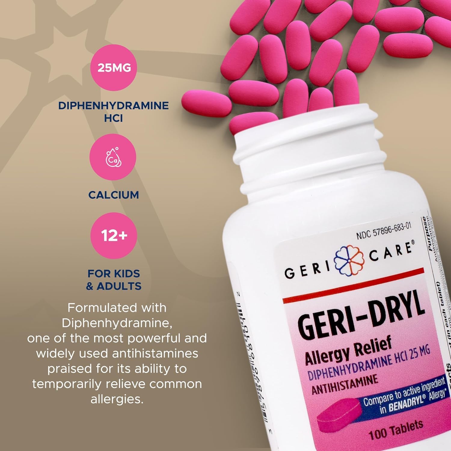 GeriCare packaging of Geri-Dryl 100-count bottle for ongoing allergy support