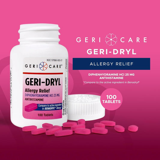 Geri-Dryl tablets close-up highlighting easy-to-swallow coated tablets