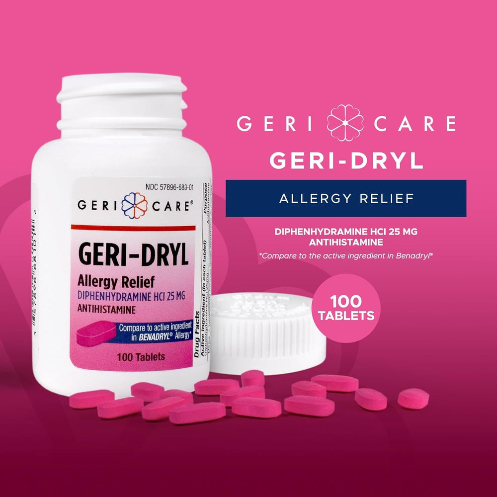 Geri-Dryl tablets close-up highlighting easy-to-swallow coated tablets