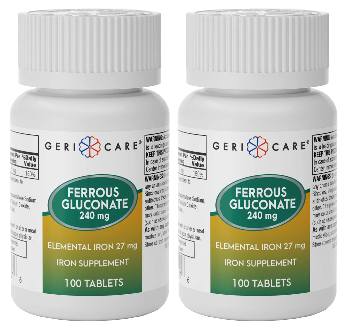 Gericare Iron bottle label showing 27mg Ferrous Gluconate 240mg