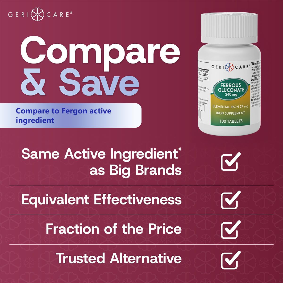 Bottle of Gericare Iron energy supplement with packaging
