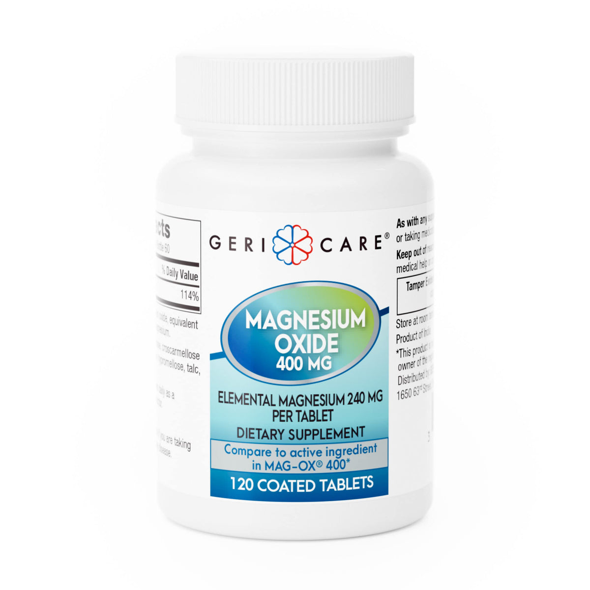 GeriCare Magnesium Oxide supplement bottle with label showing 240 mg elemental magnesium, 120 coated tablets