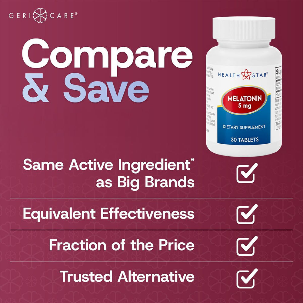 GeriCare Melatonin 5mg bottle label showing 30 count