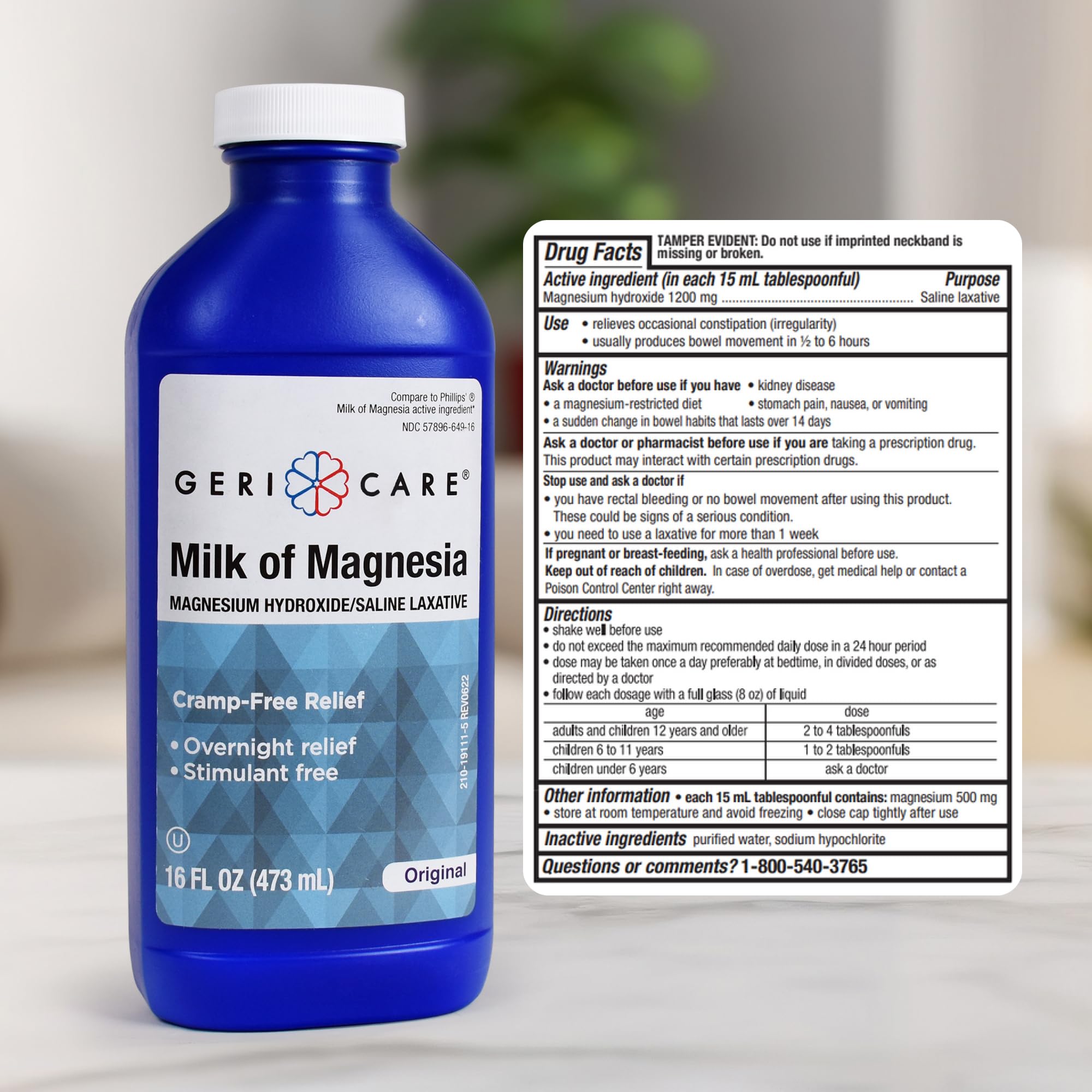 GeriCare Milk of Magnesia 16oz bottle closeup highlights convenient, consistent dosing
