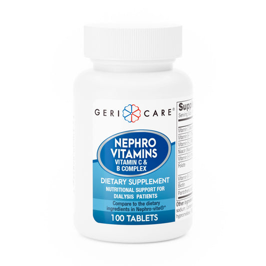 Bottle of GeriCare Nephro Vitamin C & B Complex Tablets, 100-count with label visible