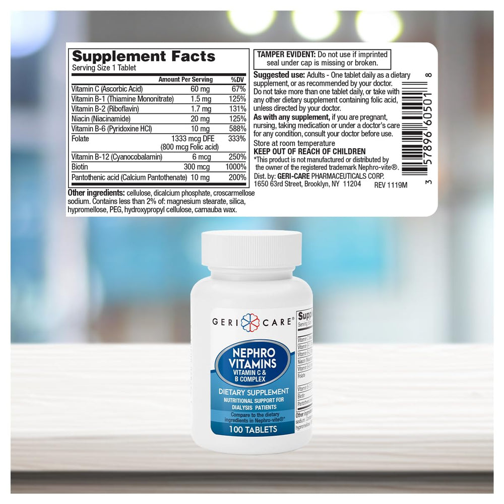 Nutrition information and ingredients for GeriCare Nephro Vitamin C & B Complex tablets