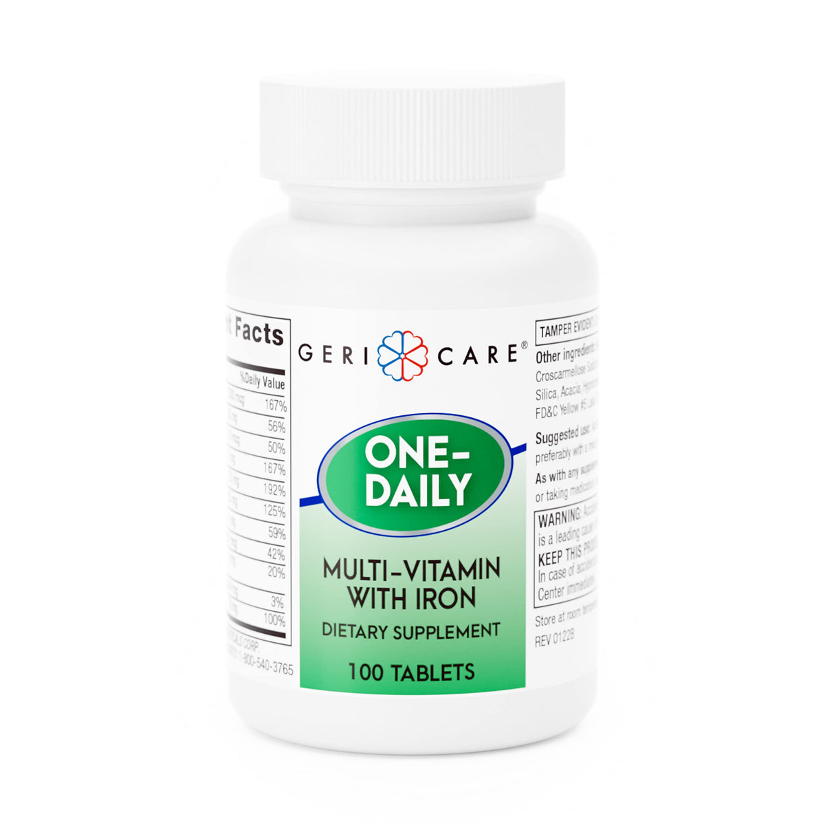 Front view of GeriCare One-Daily Multi-Vitamin with Iron bottle