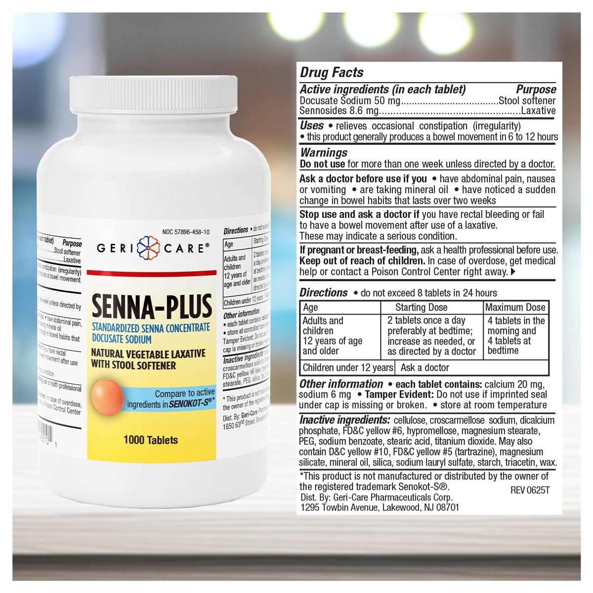 GeriCare Senna Plus bottle label with dual-action ingredients highlighted
