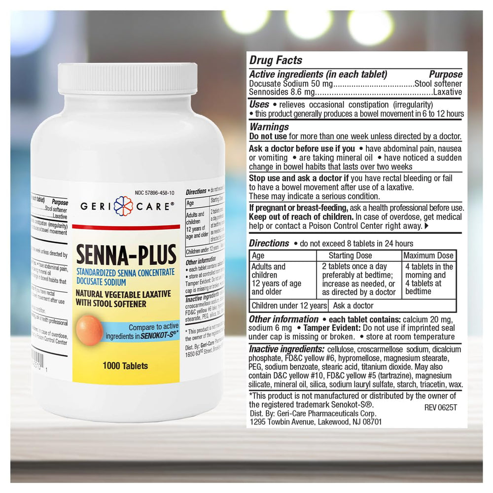 GeriCare Senna Plus bottle label with dual-action ingredients highlighted