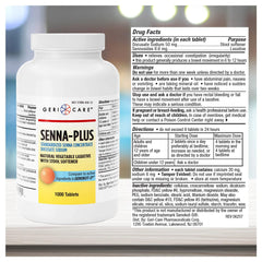 GeriCare Senna Plus bottle label with dual-action ingredients highlighted