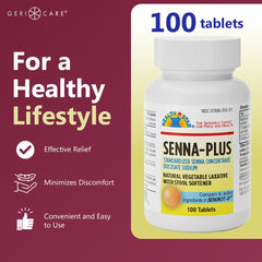 GeriCare Senna Plus bottle side view highlighting natural laxative formula