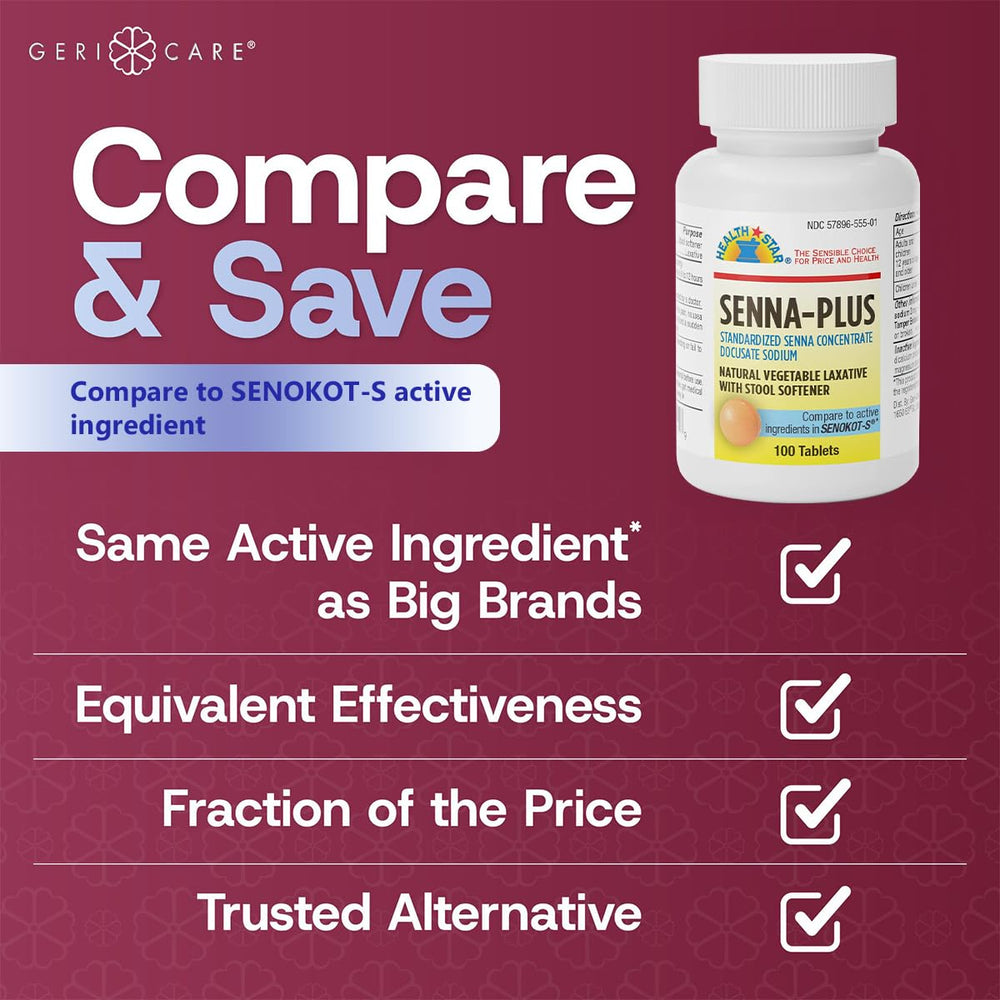 GeriCare Senna Plus label detail showing ingredients and dosage
