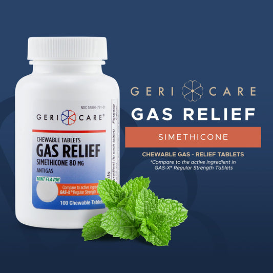 GeriCare Simethicone chewables mint-tablet close-up highlighting refreshing flavor.