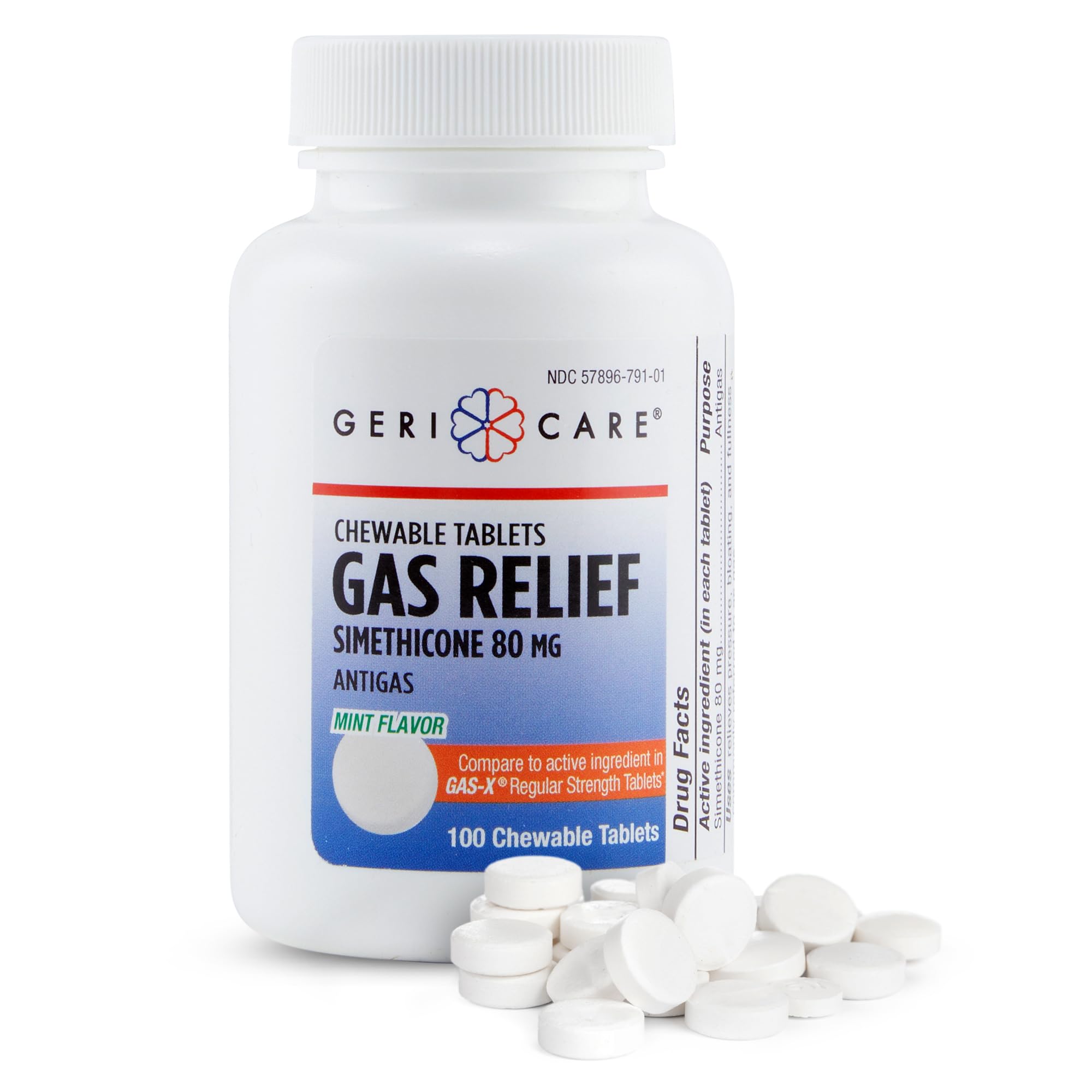 GeriCare Simethicone pack shot shows 2-pack for fast gas relief.