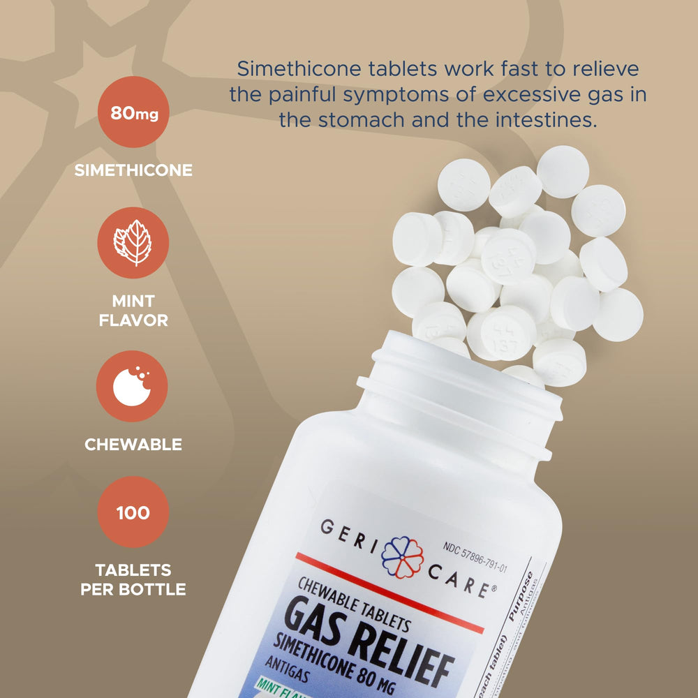 GeriCare Simethicone tablets in dispensing bottle ready for dosage.