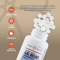GeriCare Simethicone tablets in dispensing bottle ready for dosage.