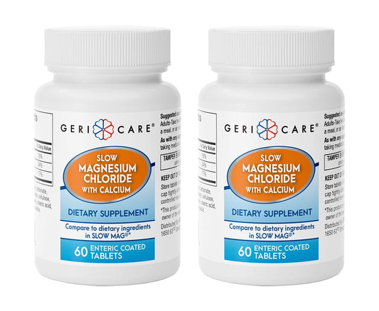 Gericare Slow Magnesium Chloride Calcium tablets bottle label close-up