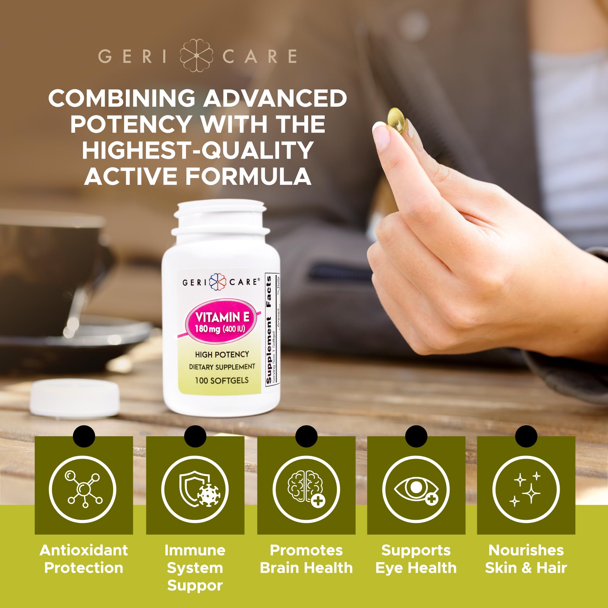 Vitamin E capsules aiding skin hydration and elasticity