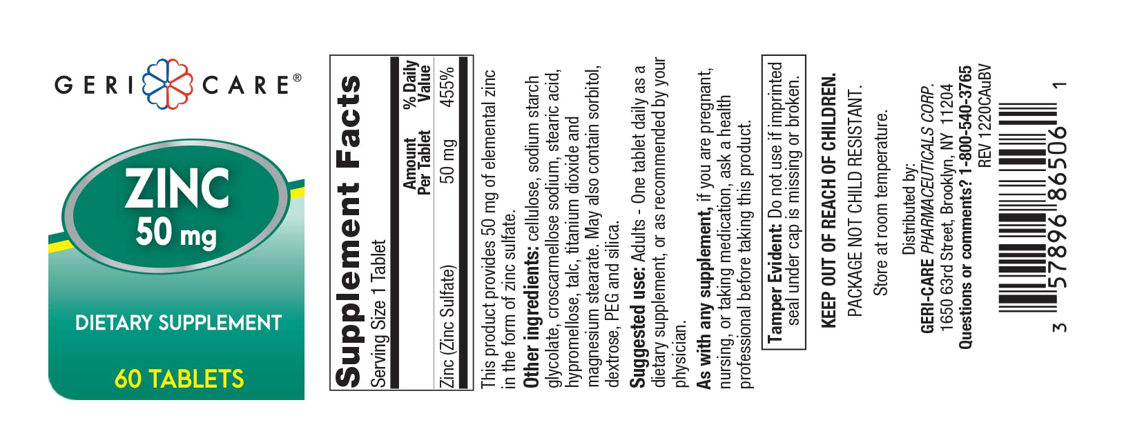 Close-up of GeriCare Zinc Sulfate 220mg bottle label