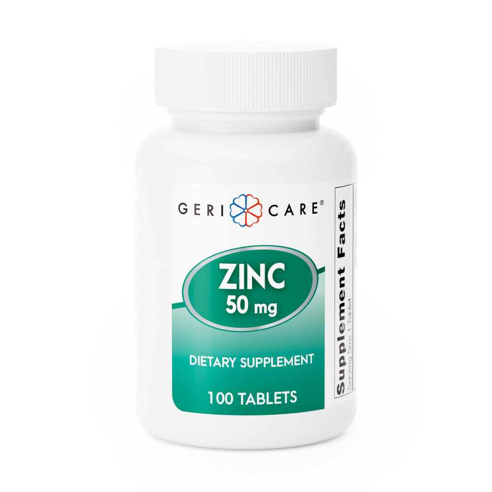 Front view of GeriCare Zinc Sulfate 50mg bottle with 100-count packaging