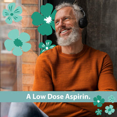 Chewable aspirin tablets shown—no water needed