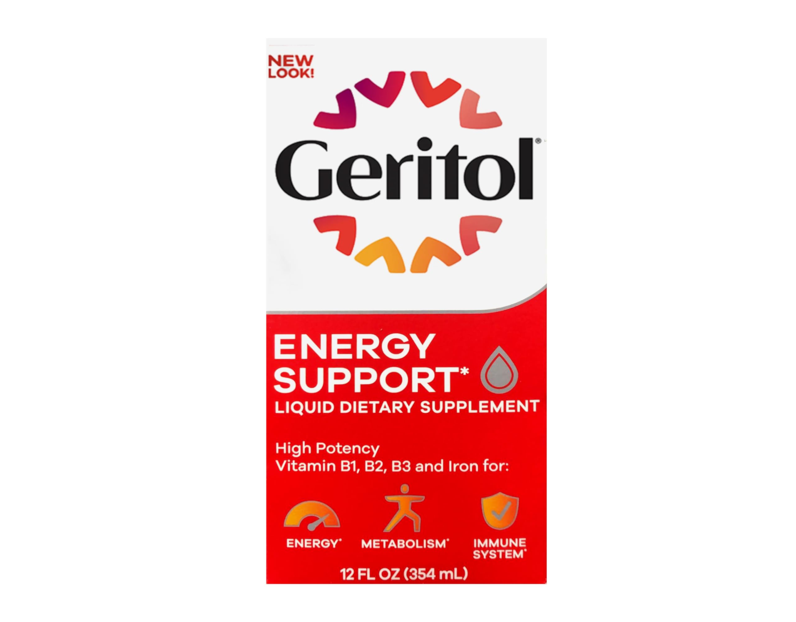 Front label of Geritol Liquid Energy Support B-Vitamins 12 oz bottle, pack of 2