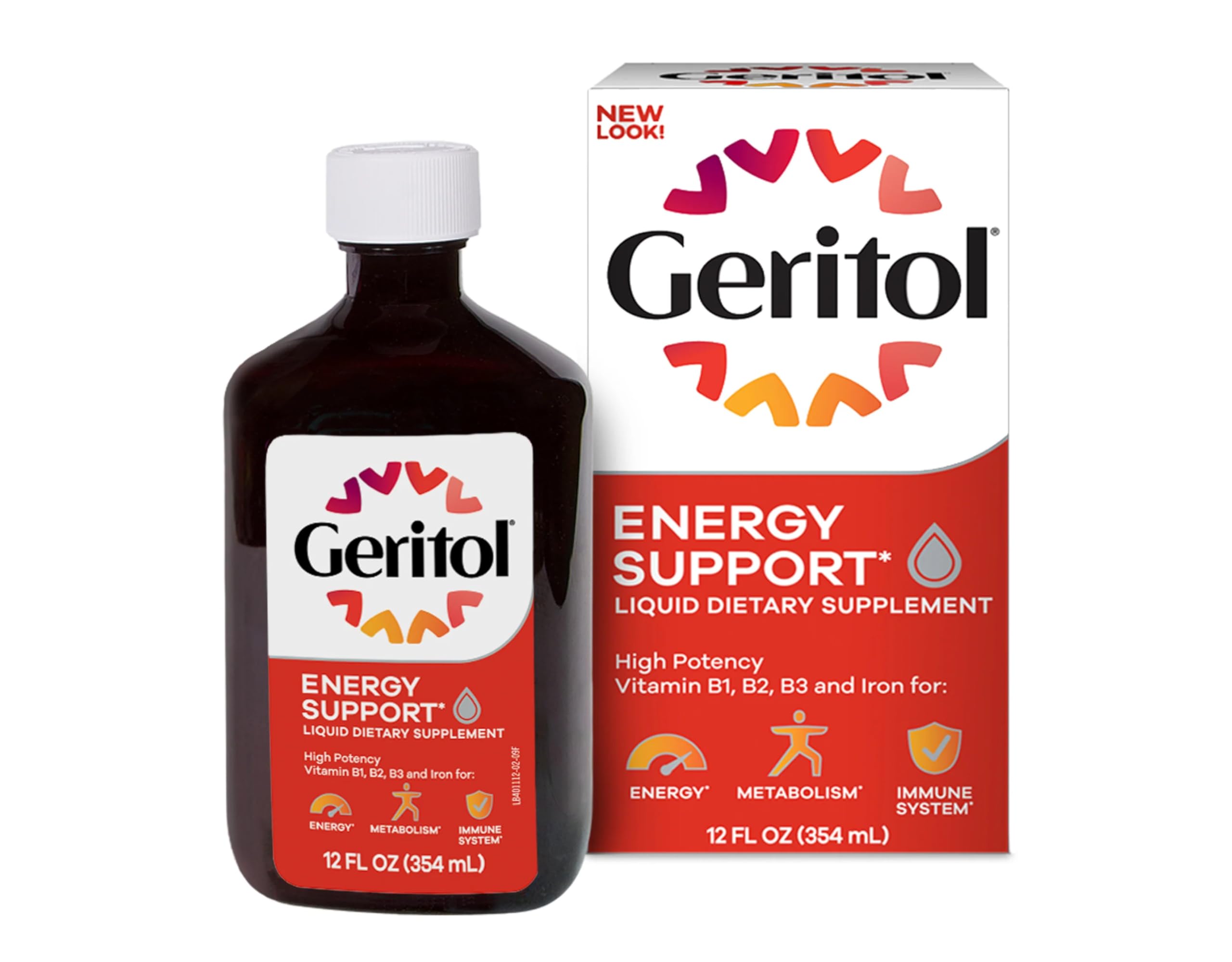 Close-up of packaging and labeling for Geritol 12 oz B-Vitamins
