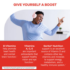 Gluten-free and non-GMO icons on Geritol packaging