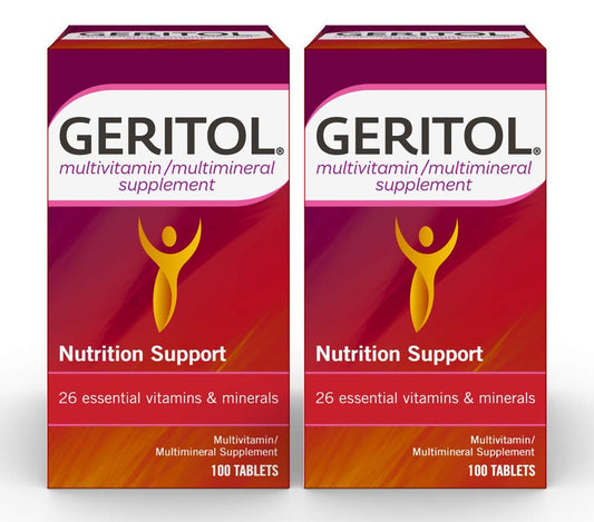 Geritol multivitamin bottle with label showing 26 essential vitamins and minerals