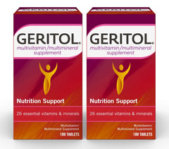 Geritol multivitamin bottle with label showing 26 essential vitamins and minerals