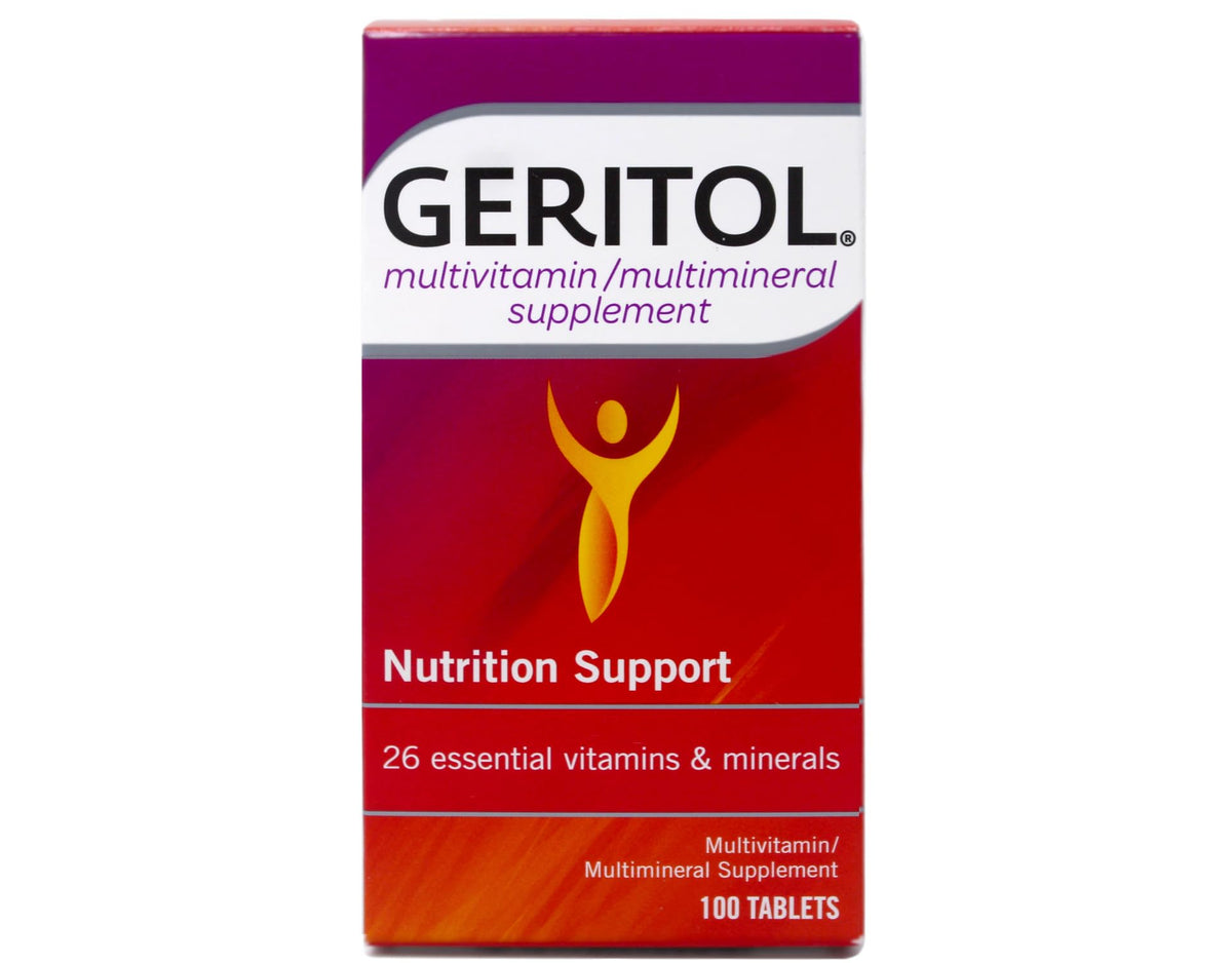 Geritol Complete multivitamin tablets bottle label showing 26 essential vitamins and minerals