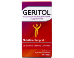 Geritol Complete multivitamin tablets bottle label showing 26 essential vitamins and minerals