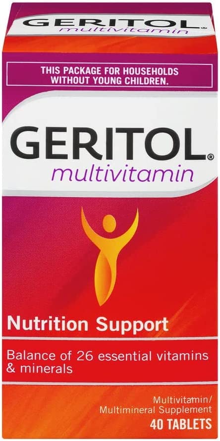 Geritol Complete bottle with tablets beside