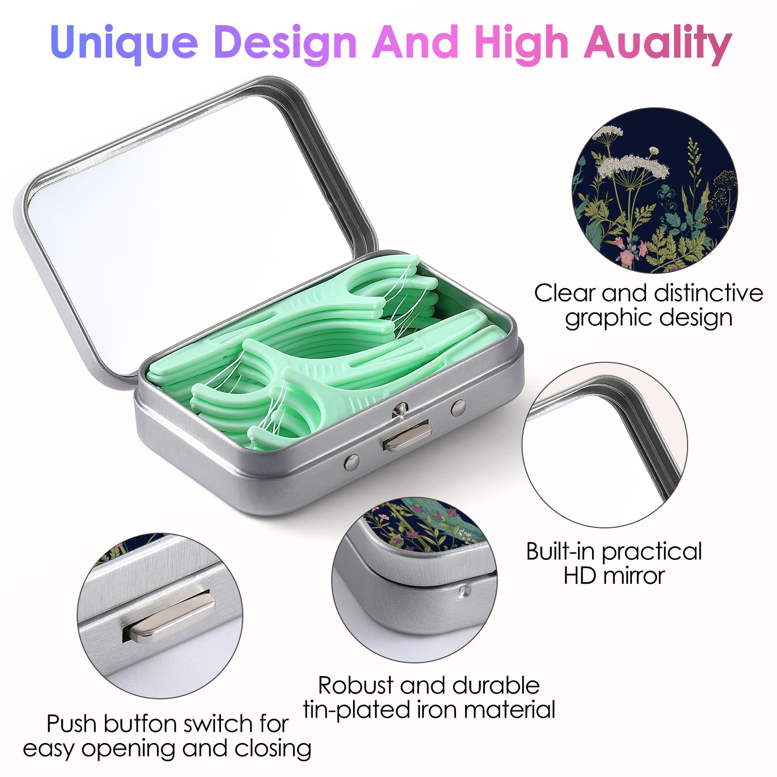 Compact floss case sized 2.8x1.9x0.8 inches