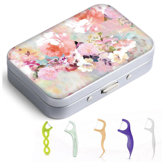 Gerkia dental floss portable case with pink flower design, front view