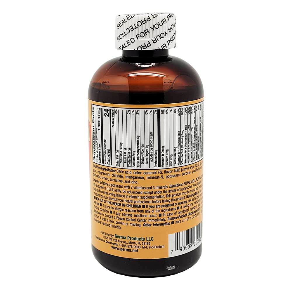 Close-up of Germa B-Complex Syrup label highlighting B vitamins