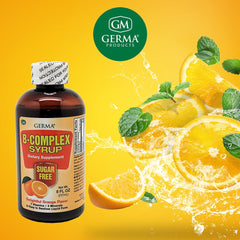 Orange-flavored sugar-free Germa B-Complex Syrup packaging
