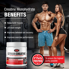 German Creatine powder texture closeup shows fine micronized granules for mixability