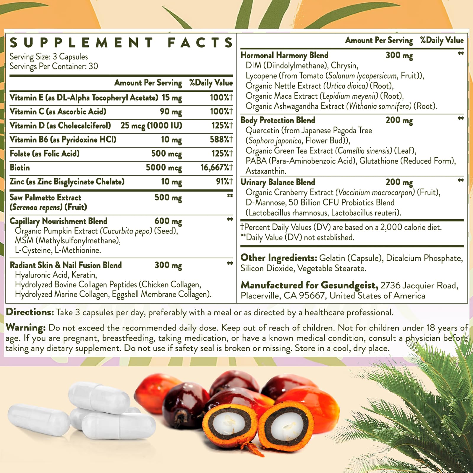 Product bottle with label for Gesundgeist Saw Palmetto for Women