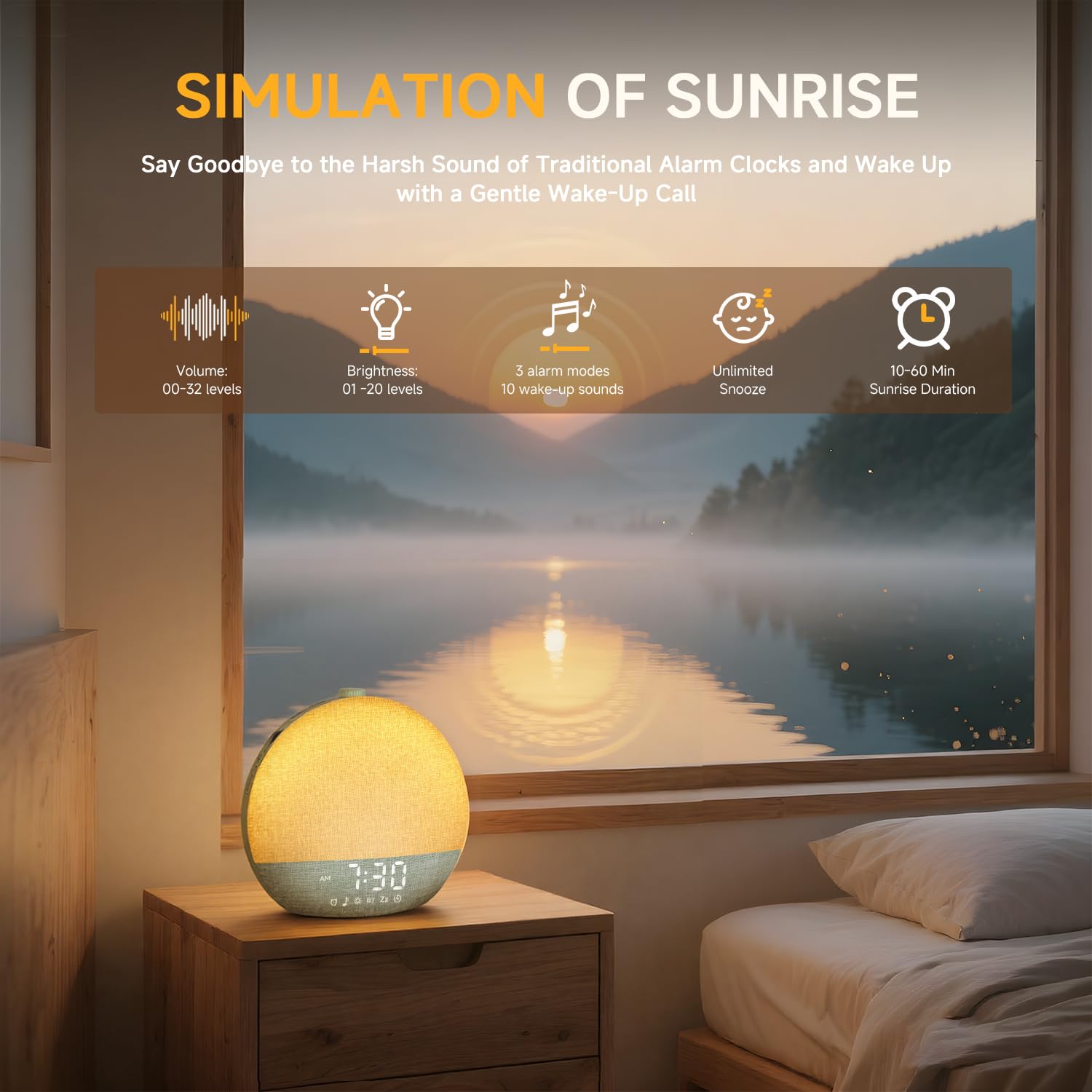 Geuuap Sunrise Alarm Clock wake sounds dial highlights 10 wake-up options and 32 volume levels.