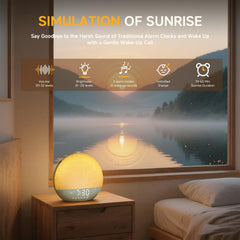 Geuuap Sunrise Alarm Clock wake sounds dial highlights 10 wake-up options and 32 volume levels.