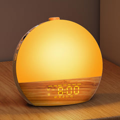 Geuuap wood grain white noise clock front view showing sunrise wake feature