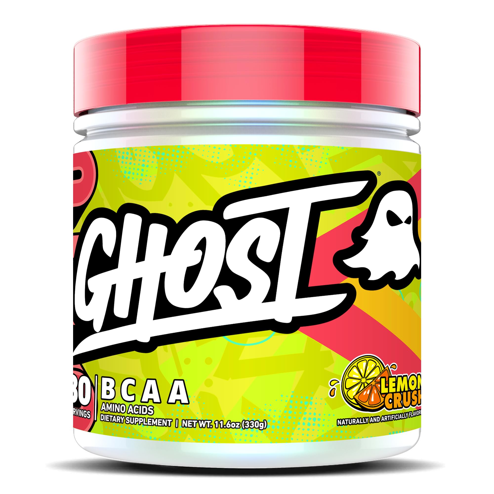 GHOST BCAA Lemon Crush front view bottle showing 30 servings