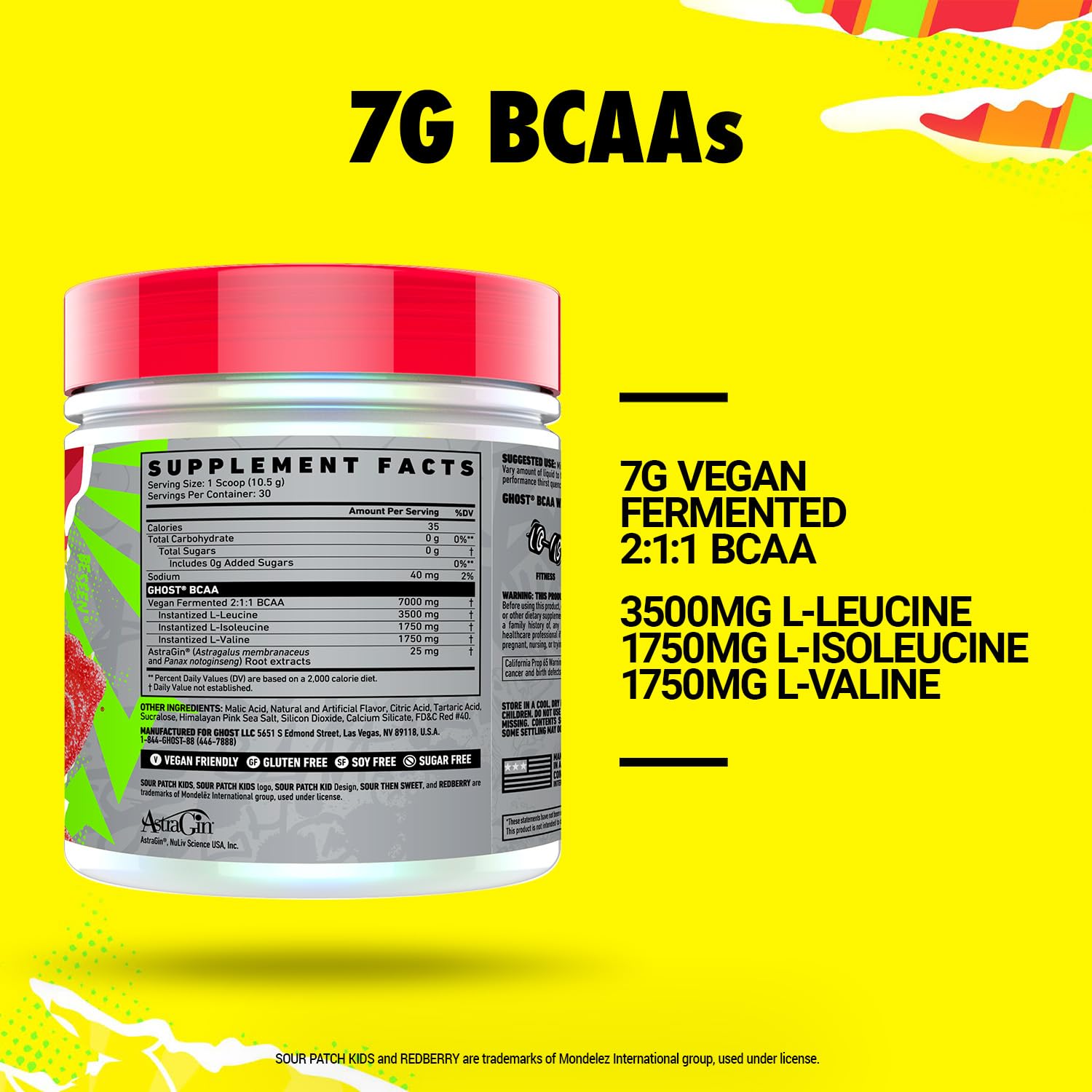 GHOST BCAA Powder Sour Patch Kids Redberry with serving scoop and label