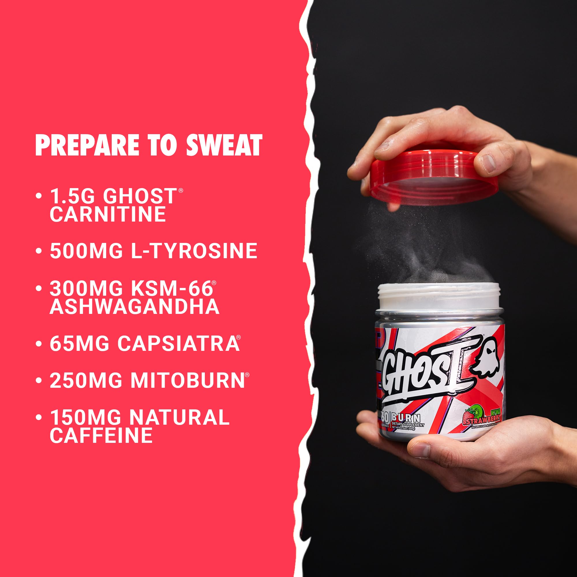 GHOST Burn ingredients graphic highlighting MitoBurn and natural caffeine