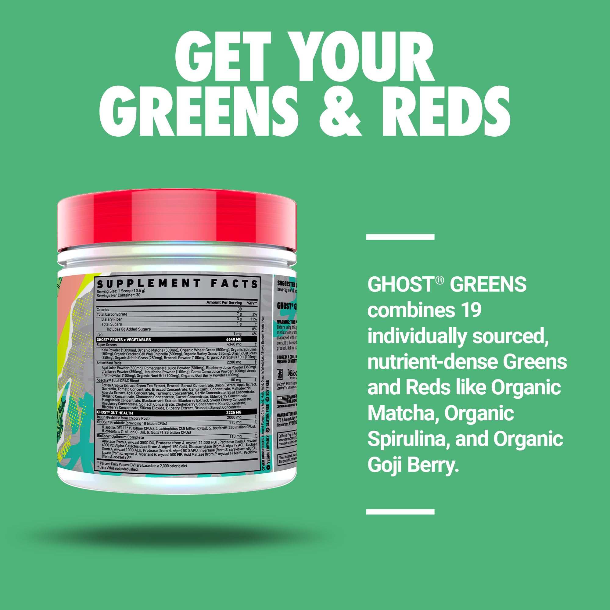 GHOST Greens Guava Berry tub with scoop suggests easy daily servings