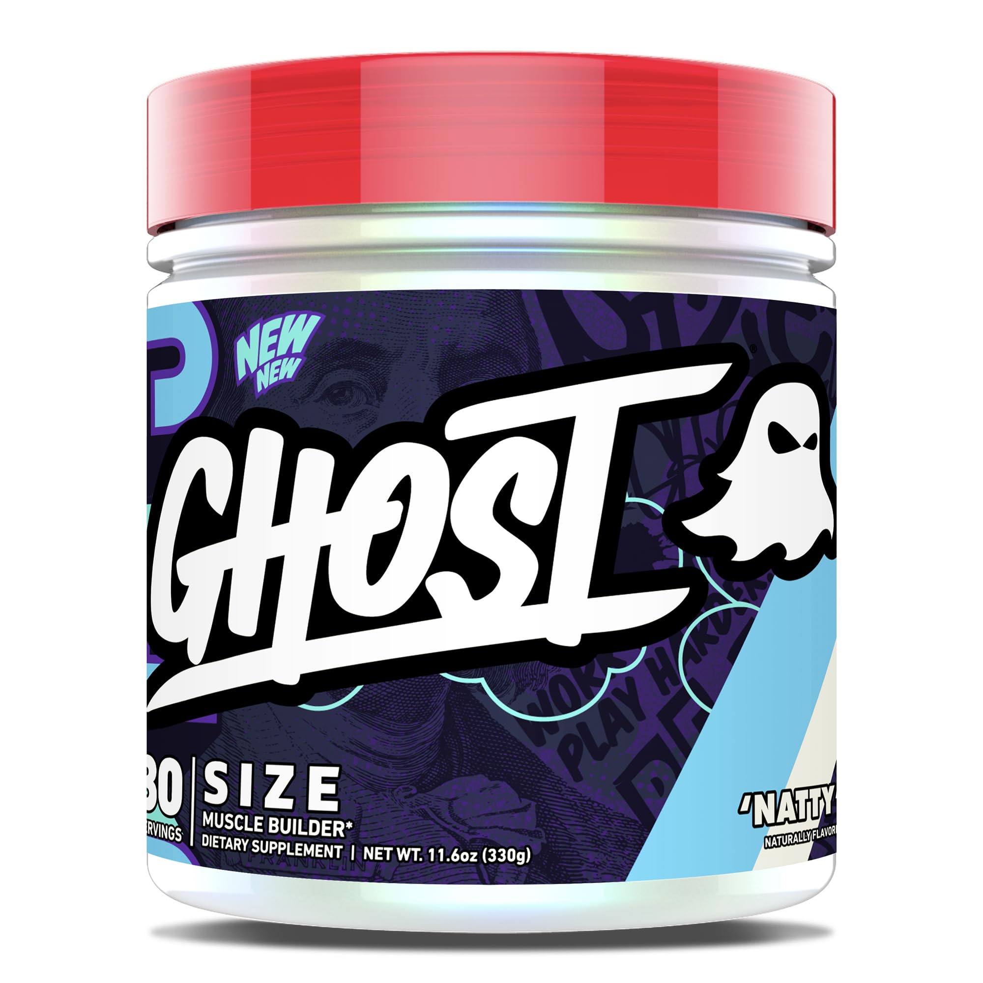 GHOST Size V3 Muscle Builder tub with label and active ingredients