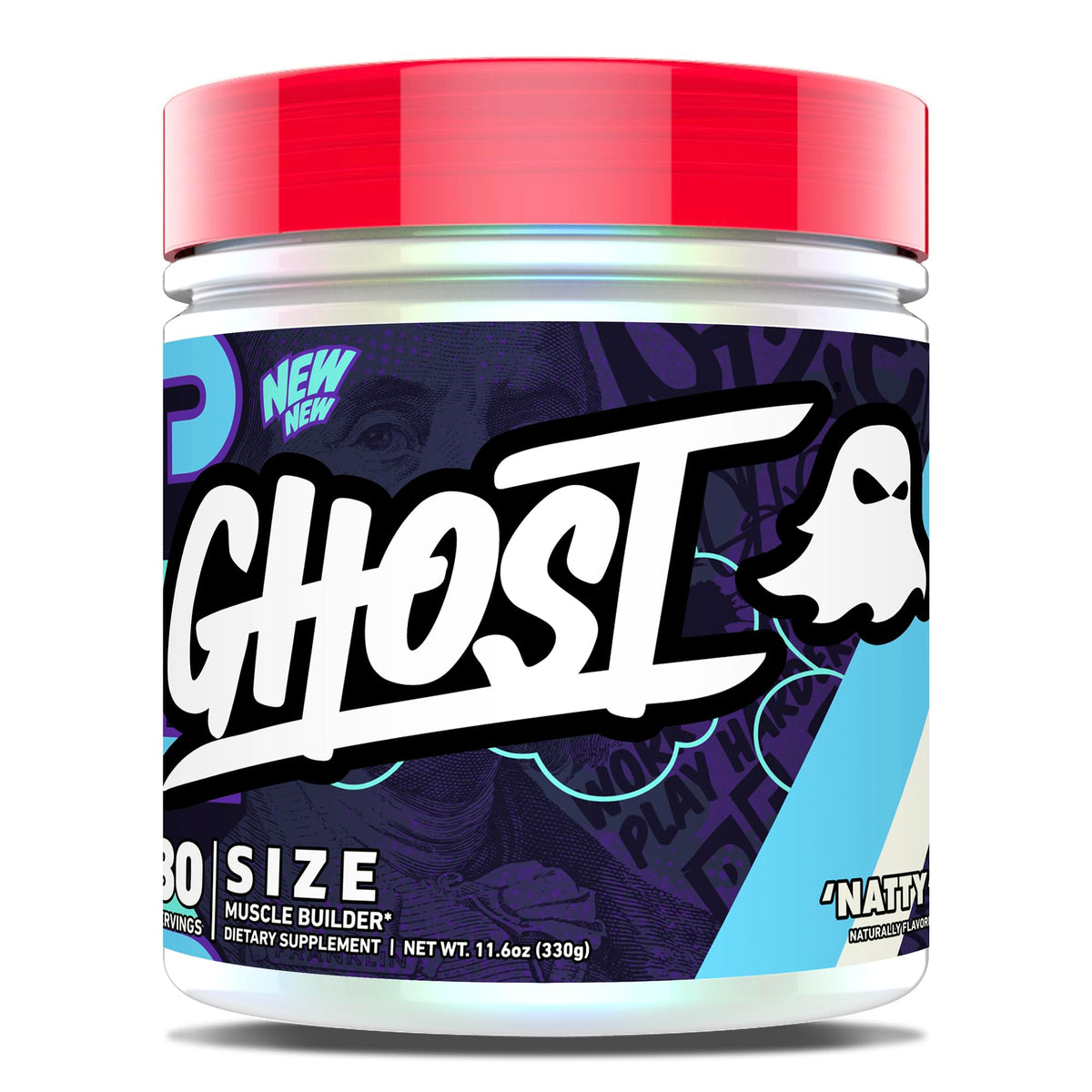 GHOST Size V3 Muscle Builder tub with label and active ingredients